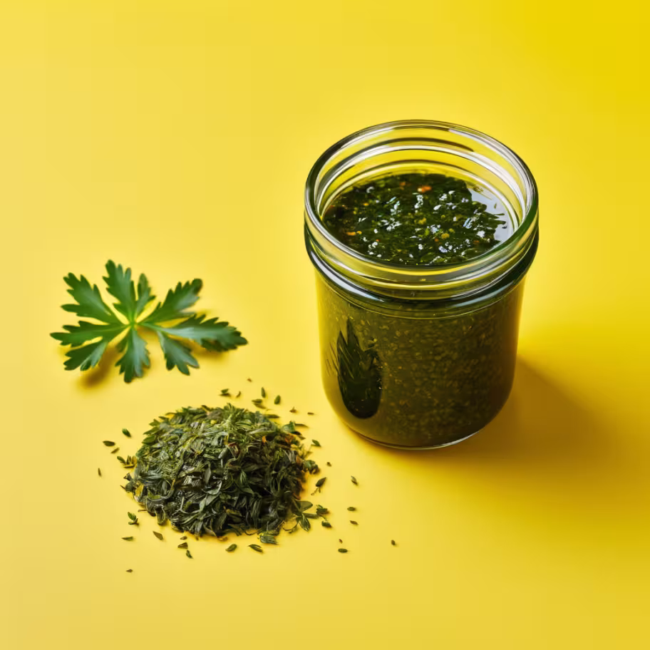 Chimichurri in einem Einmachglas vor gelbem Hintergrund