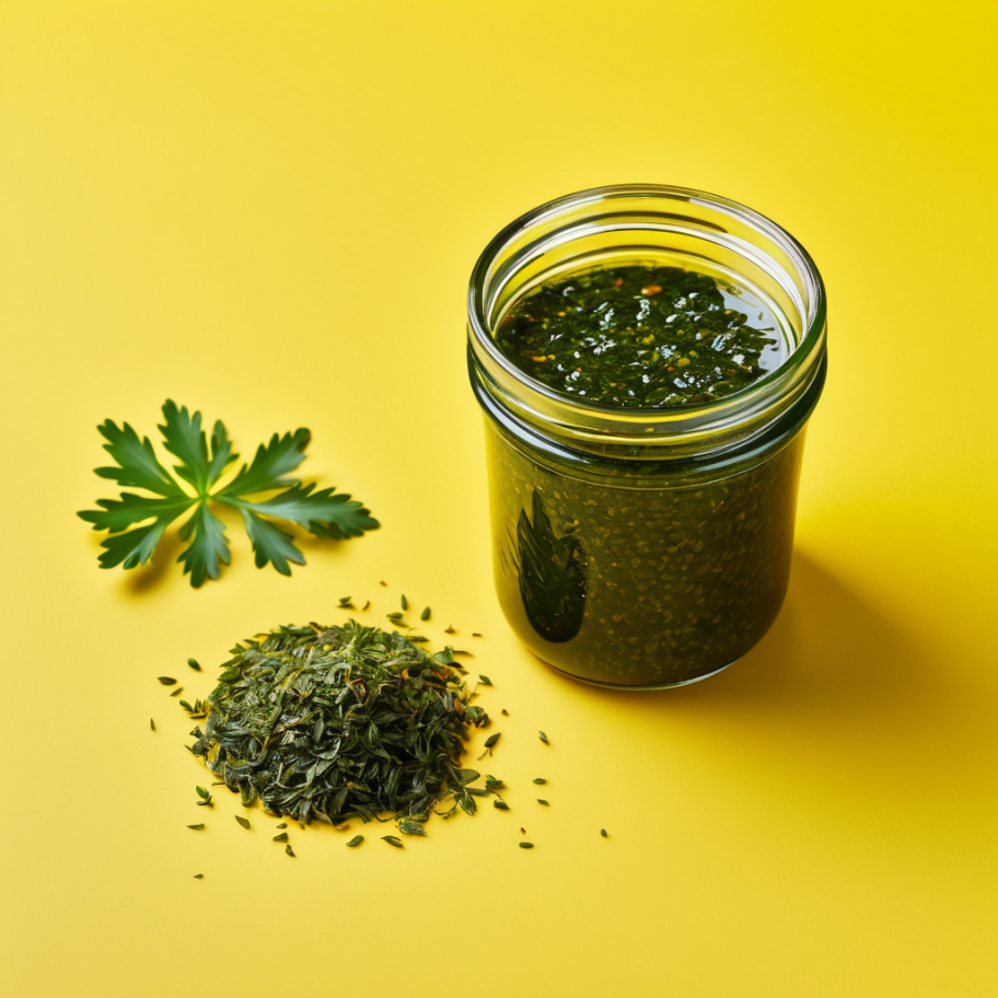 Chimichurri in einem Einmachglas vor gelbem Hintergrund