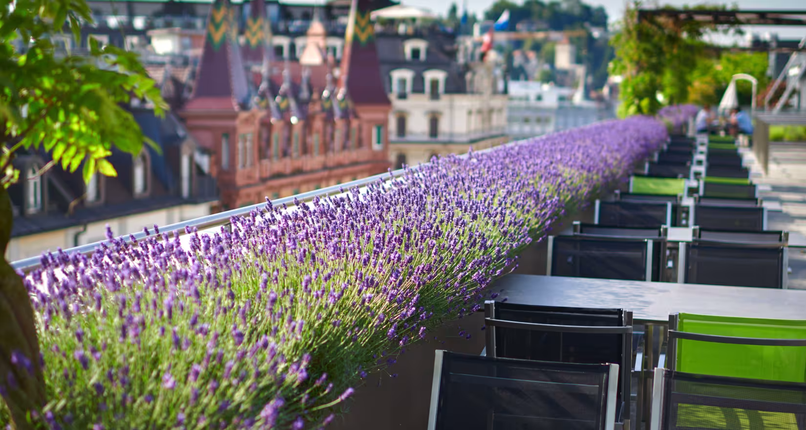 Aufnahme der Dachterrasse der HSLU mit Aussicht über Luzern