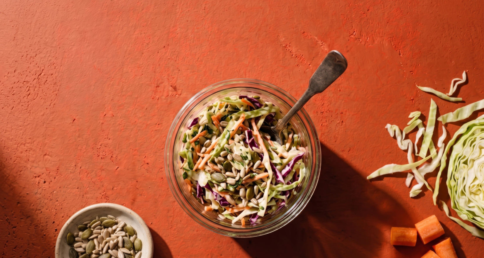 Weckglas mit Coleslaw, daneben liegen Kohl und Karotten