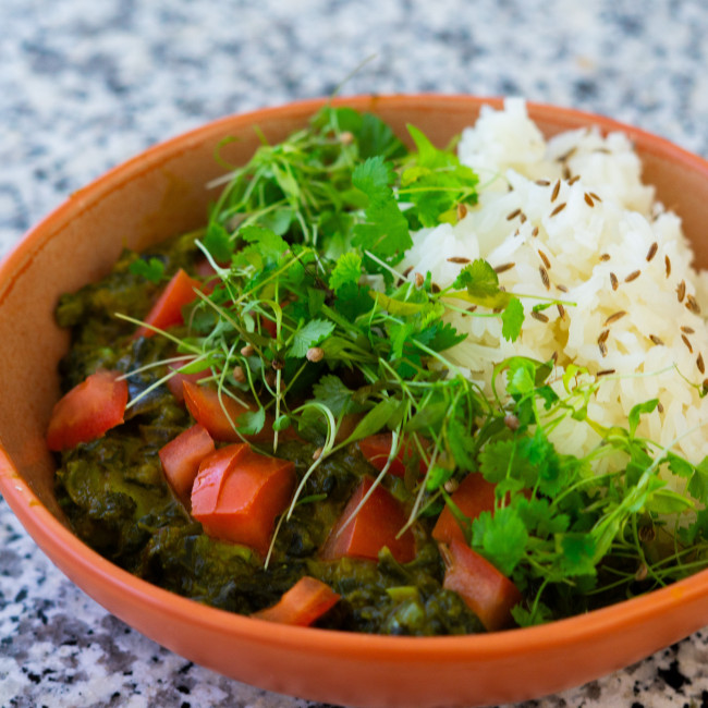 Bowl mit Reis und indischem Gericht