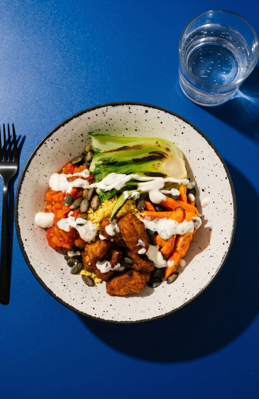 Weisser Teller mit asiatischer Bowl mit Gemüse und Sauce