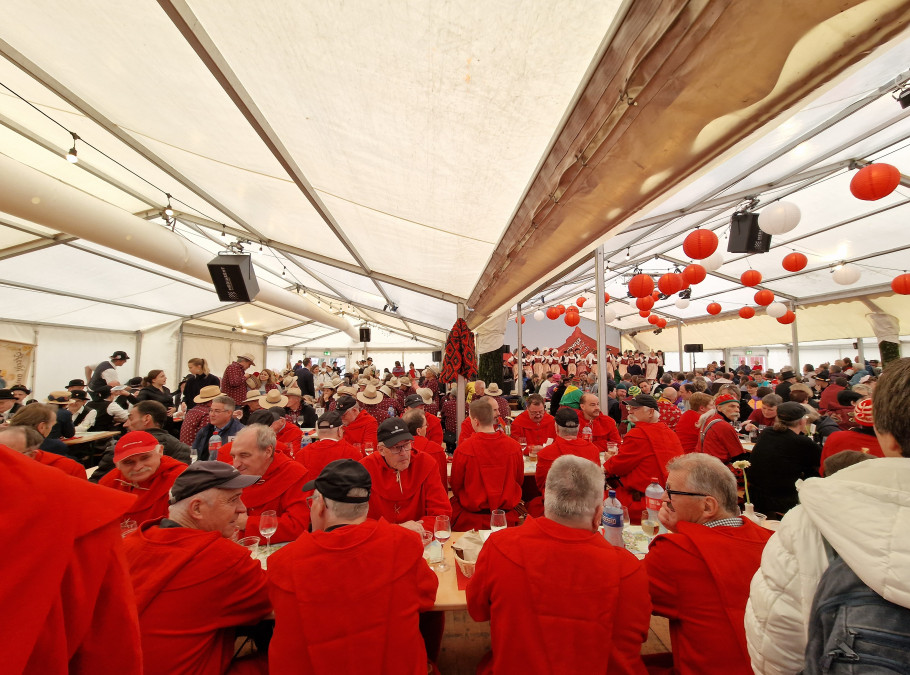 Festzelt mit Besucher:innen auf Festbänken, alle sind rot angezogen und sitzen mit dem Rücken zur Kamera