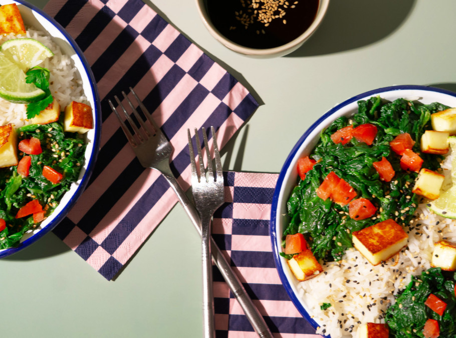 Zwei Teller angerichtet mit Reisgericht