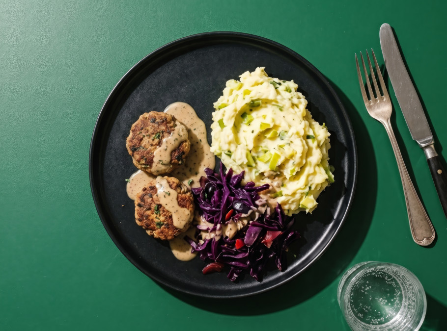 Schwarzer Teller mit Hacktätschli, Kartoffelstock und Blaukraut