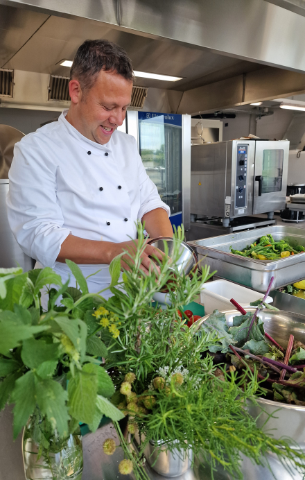 Koch in Küche bei der Zubereitung von Essen mit frischen Kräutern im Hintergrund