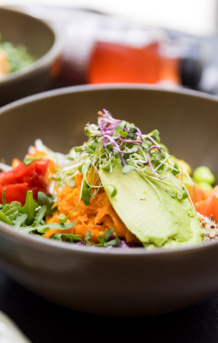 Bowl mit veganem Gericht angerichtet auf einem Tableau