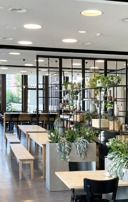 Innenansicht des Restaurants Wagi S mit Tischen, Stühlen und Blick auf die Fensterfront