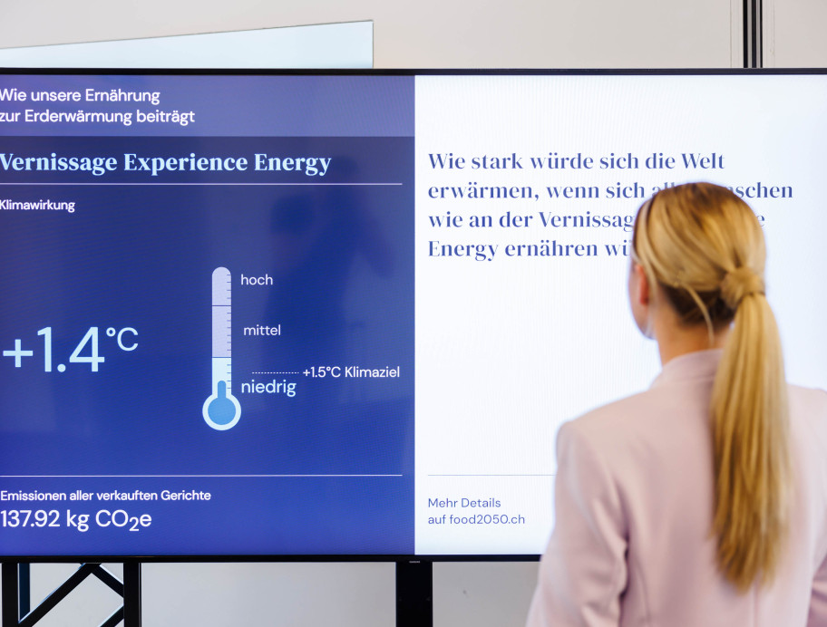 Screen mit Daten zur Klimaerwärmung und Infos zu FOOD2050, davor eine Frau mit blonden Haaren